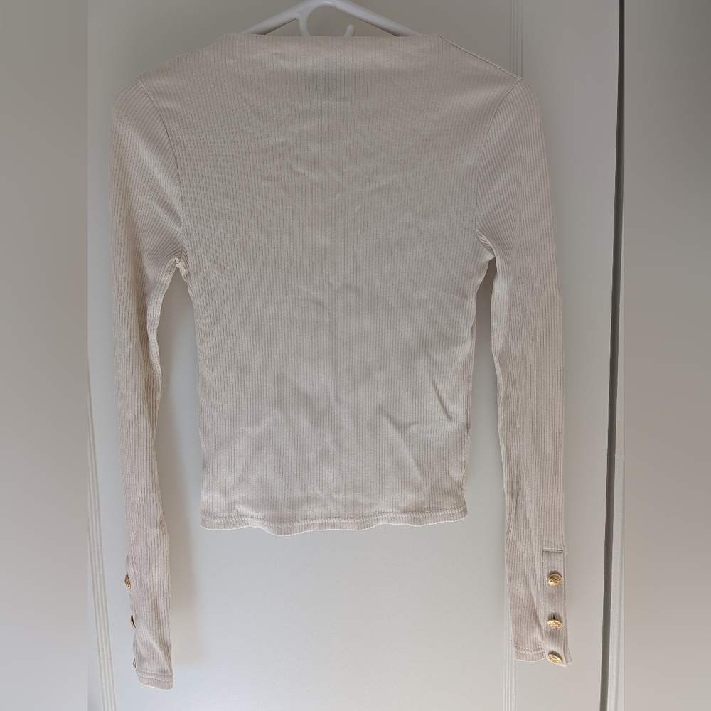 J. Crew Cream Long Sleeve Ribbed Cropped Top with Button Accents